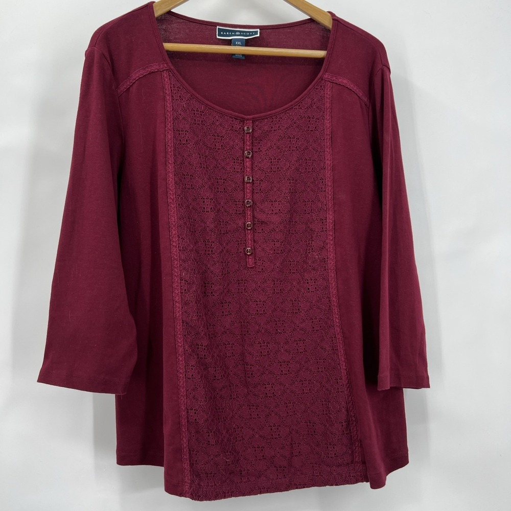Karen Scott Women's XXL Burgundy Top Lace Henley Whimsigoth Dark Fairy